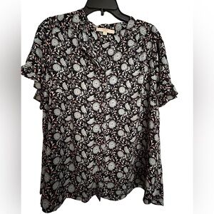 LOFT Plus Navy and Pink Floral Blouse